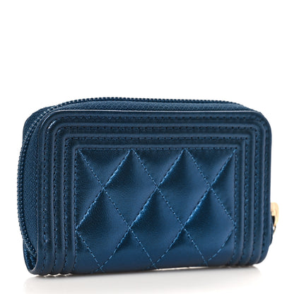 Chanel Metallic Lambskin Quilted Boy Zip Around Coin Purse Wallet Blue 3 of 9