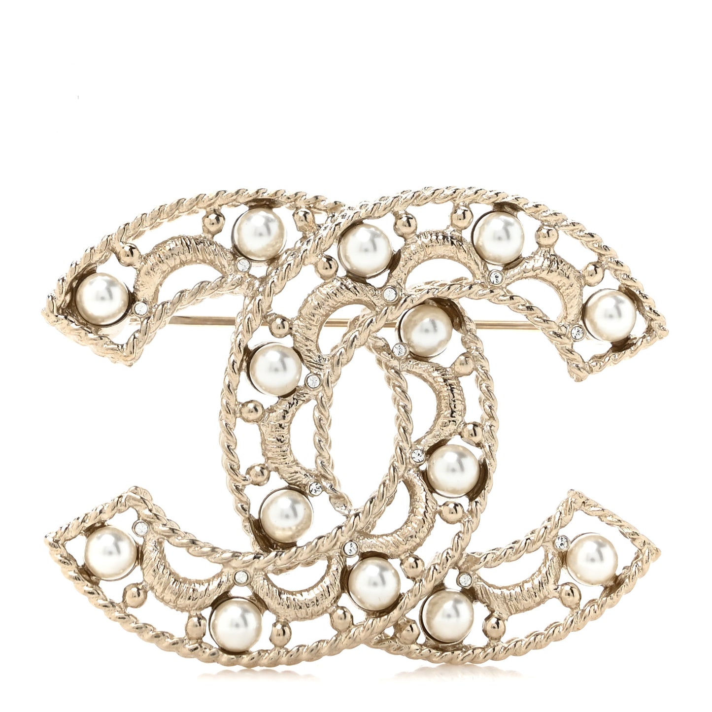 Pearl Chain CC Brooch Gold