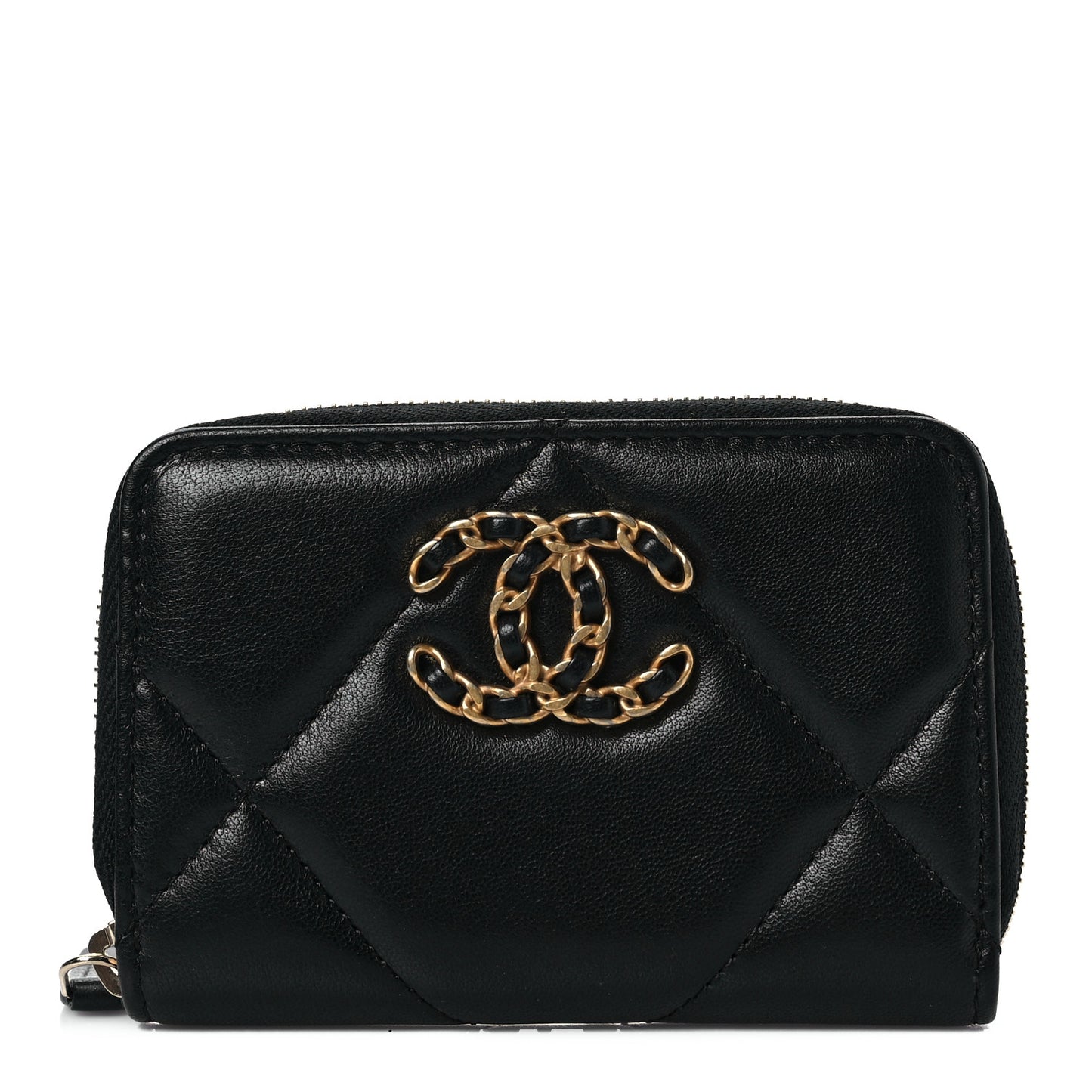 Shiny Goatskin Quilted Chanel 19 Zip Around Coin Purse Wallet Black