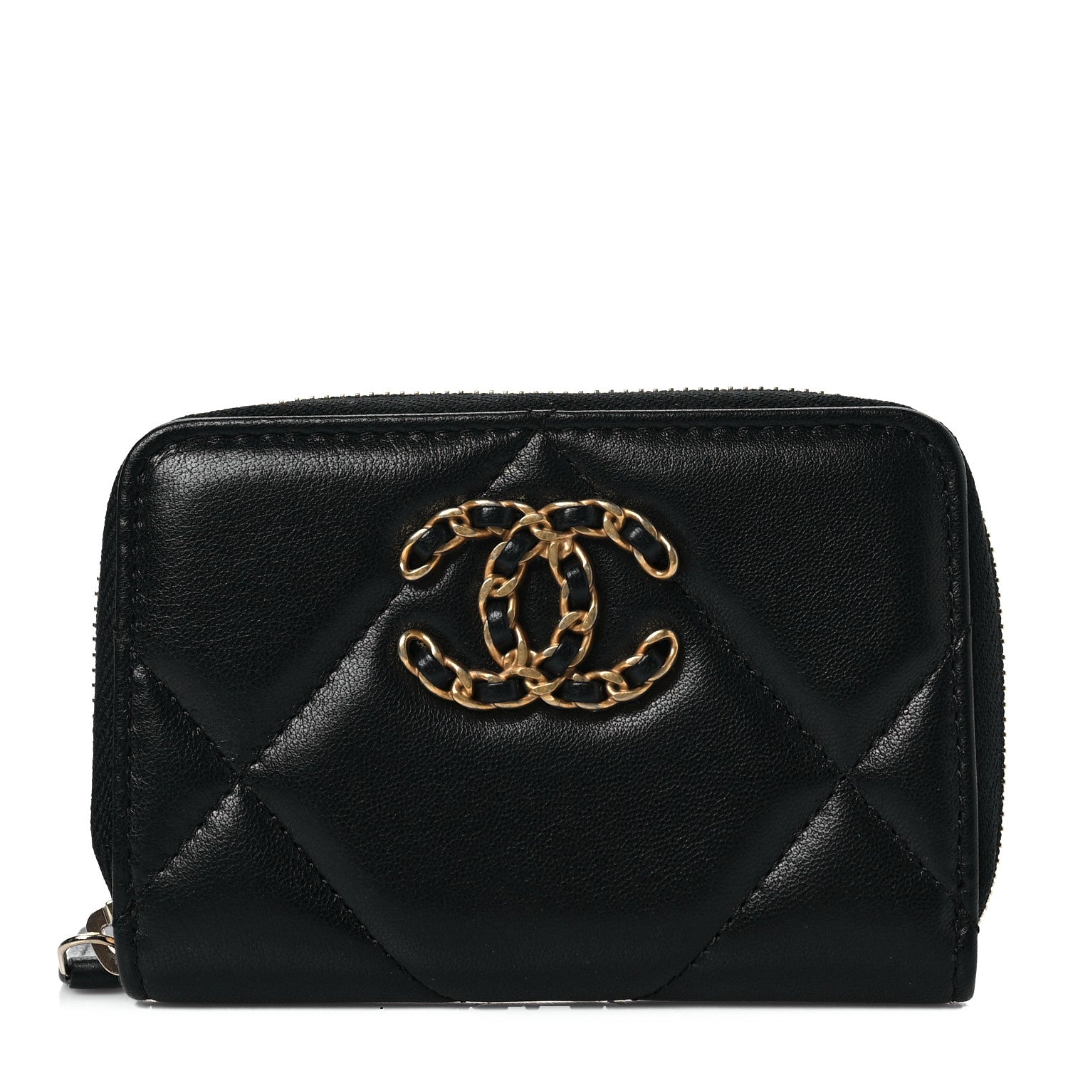 Chanel Shiny Goatskin Quilted Chanel 19 Zip Around Coin Purse Wallet Black 1 of 8