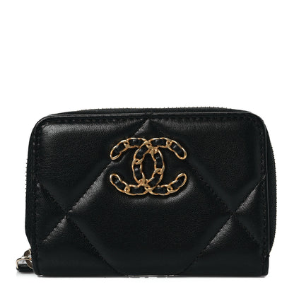Chanel Shiny Goatskin Quilted Chanel 19 Zip Around Coin Purse Wallet Black 1 of 8