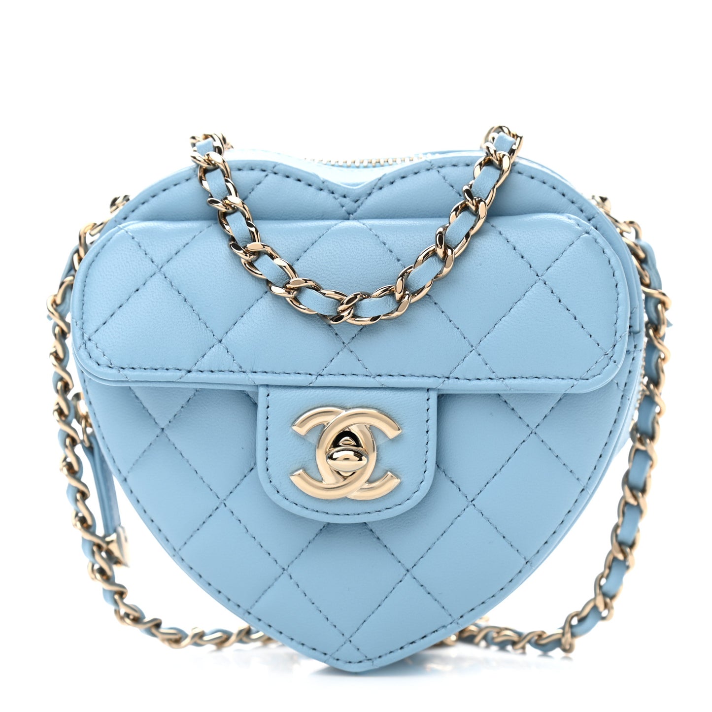 Lambskin Quilted CC In Love Heart Clutch With Chain Light Blue