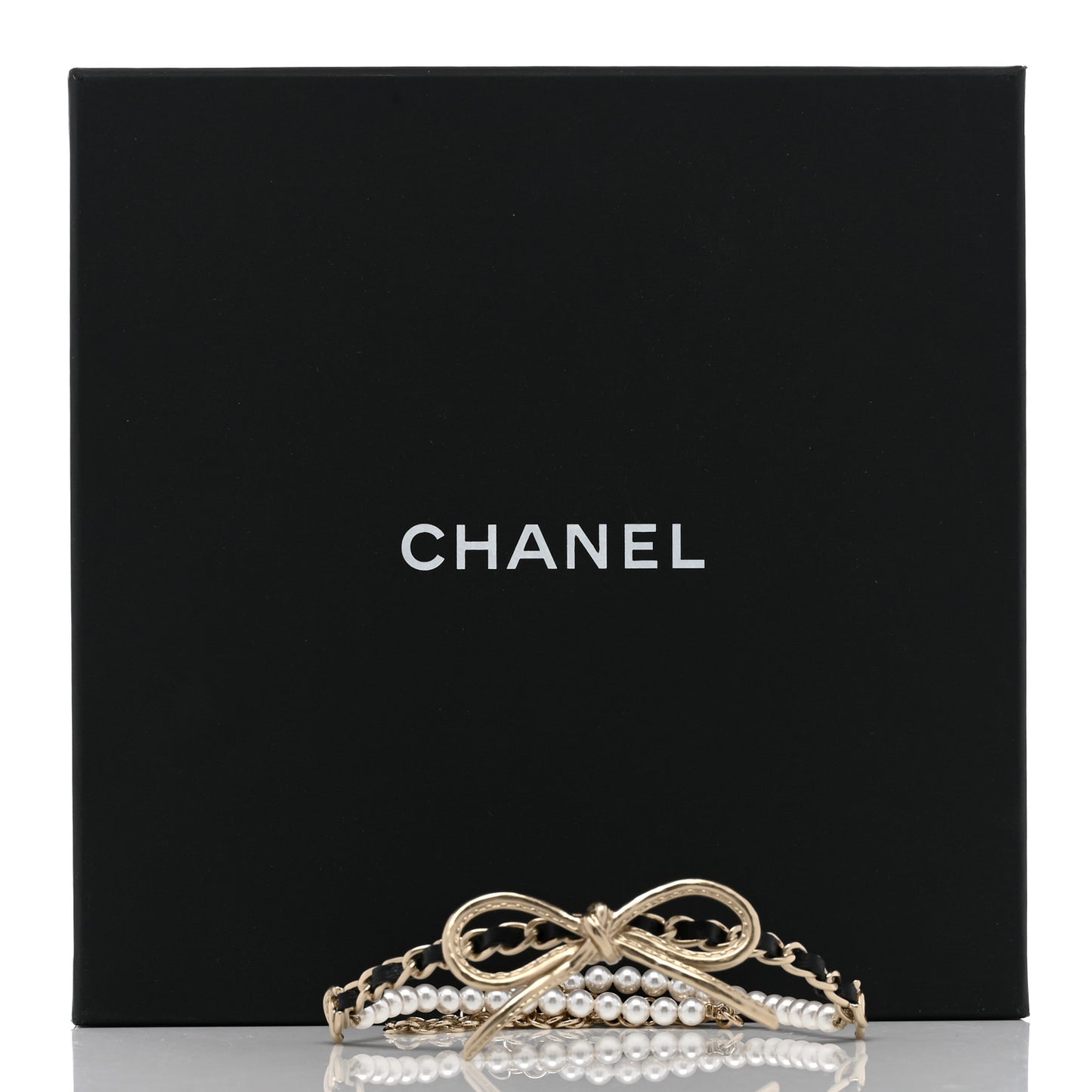 Calfskin Pearl Metal CC Bow Choker Necklace Gold White Black
