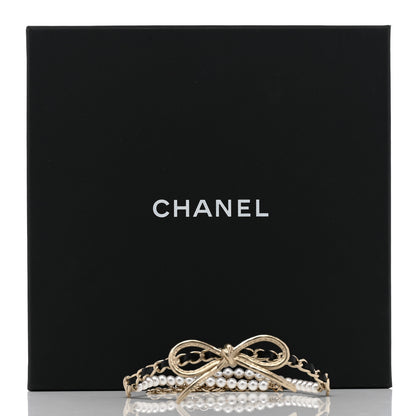 Chanel Calfskin Pearl Metal CC Bow Choker Necklace Gold White Black 6 of 6