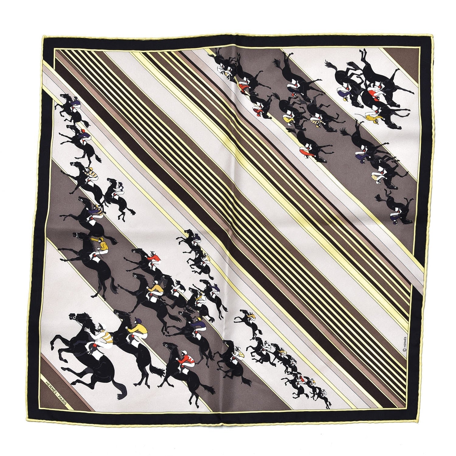 Hermes Silk Les Courses Pocket Square Etoupe Sable Jaune Vif 1 of 5