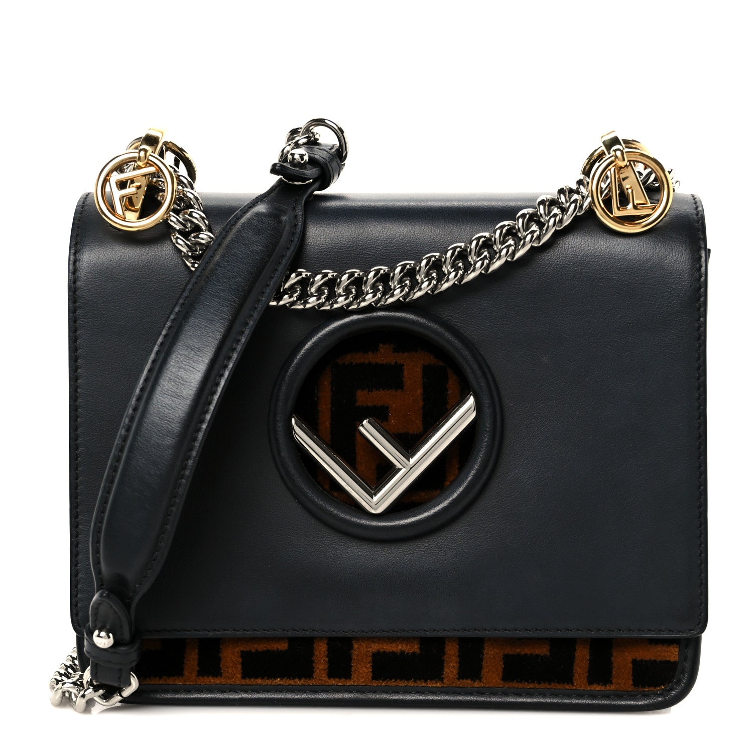 Fendi Vitello Century Velvet F is Fendi FF Small Kan I Shoulder Bag Black Tobacco 1 of 11