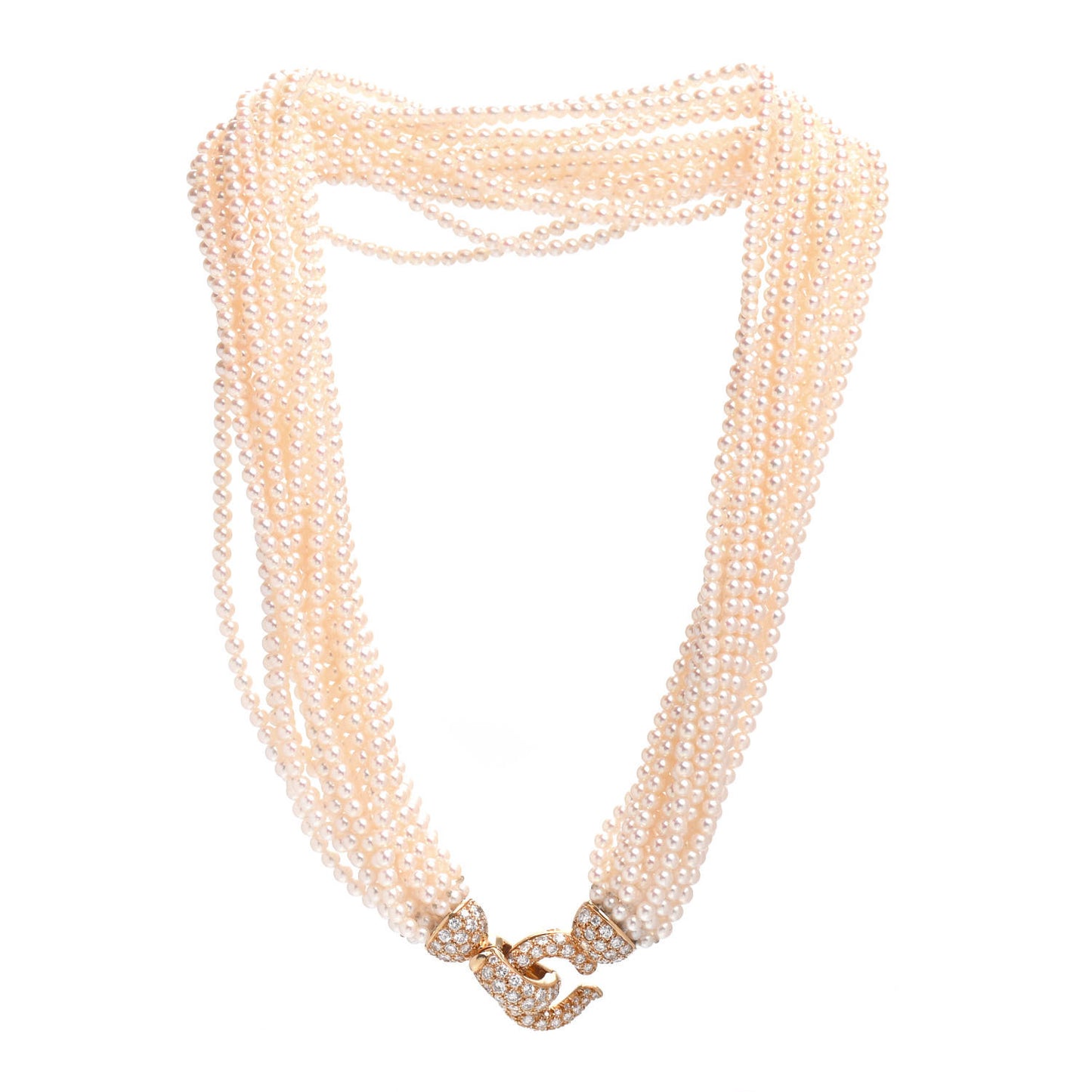 18K Yellow Gold Diamond Pearl Collier Torsade Necklace