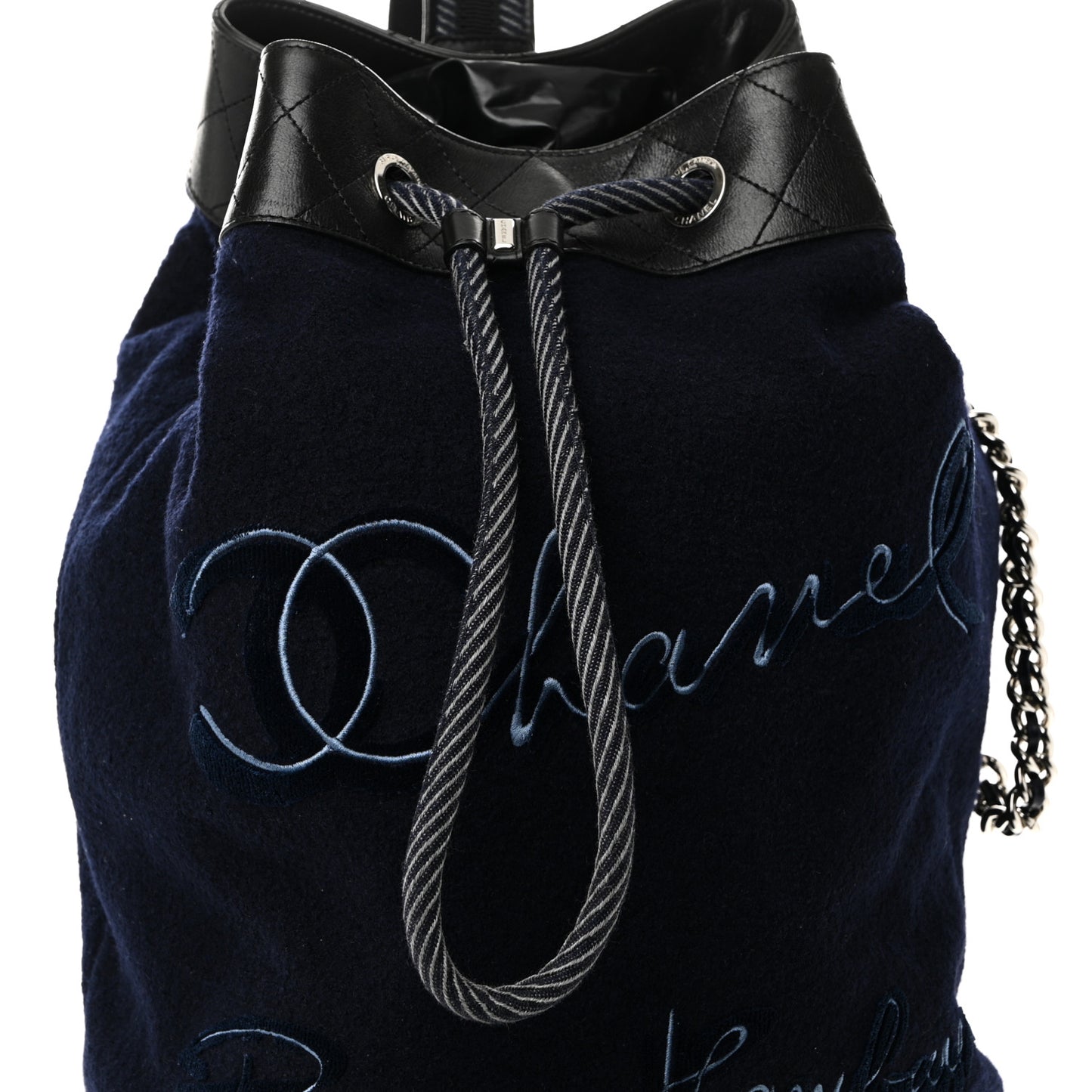 Wool Calfskin Embroidered Paris Hamburg Drawstring Backpack Navy Blue