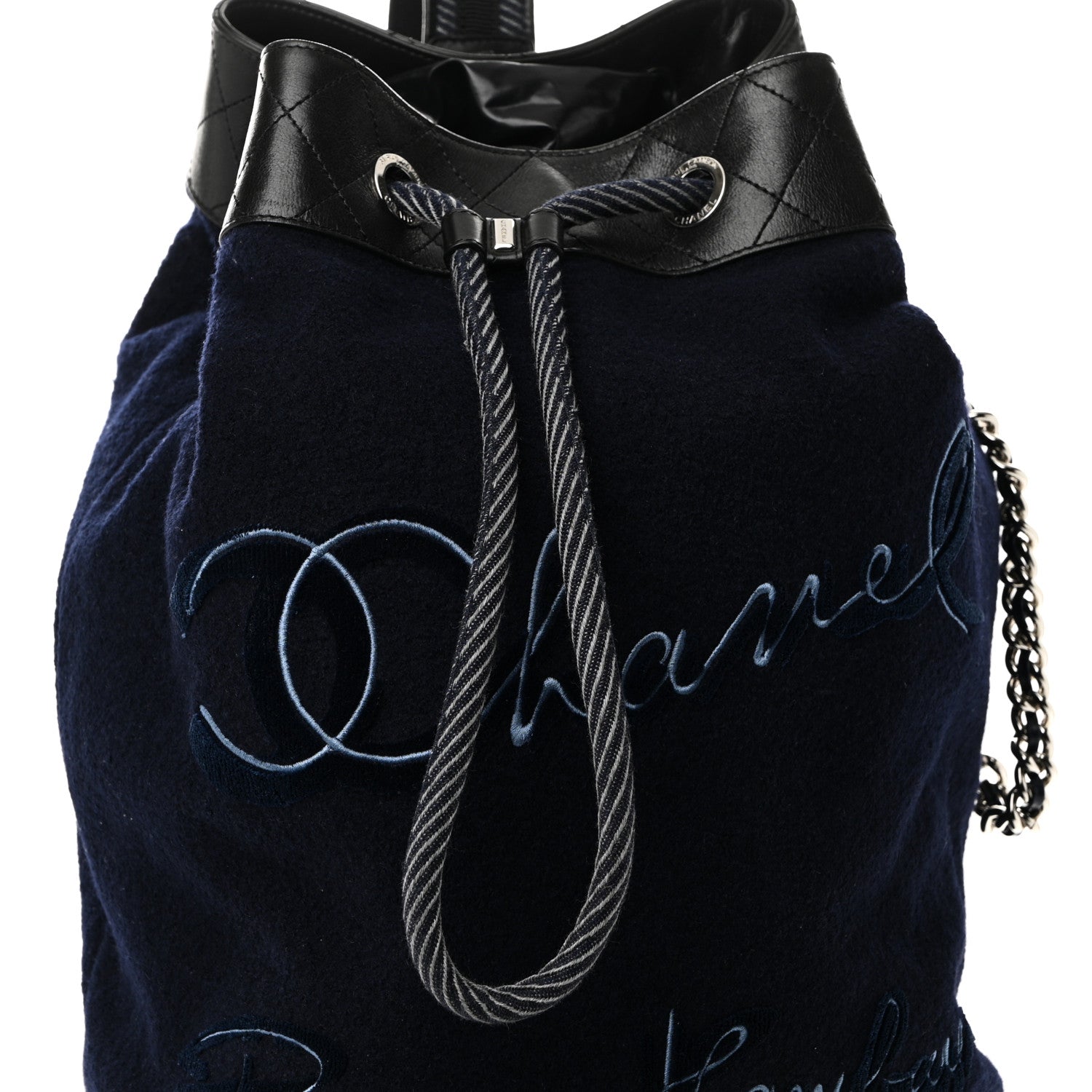 Chanel Wool Calfskin Embroidered Paris Hamburg Drawstring Backpack Navy Blue 8 of 10