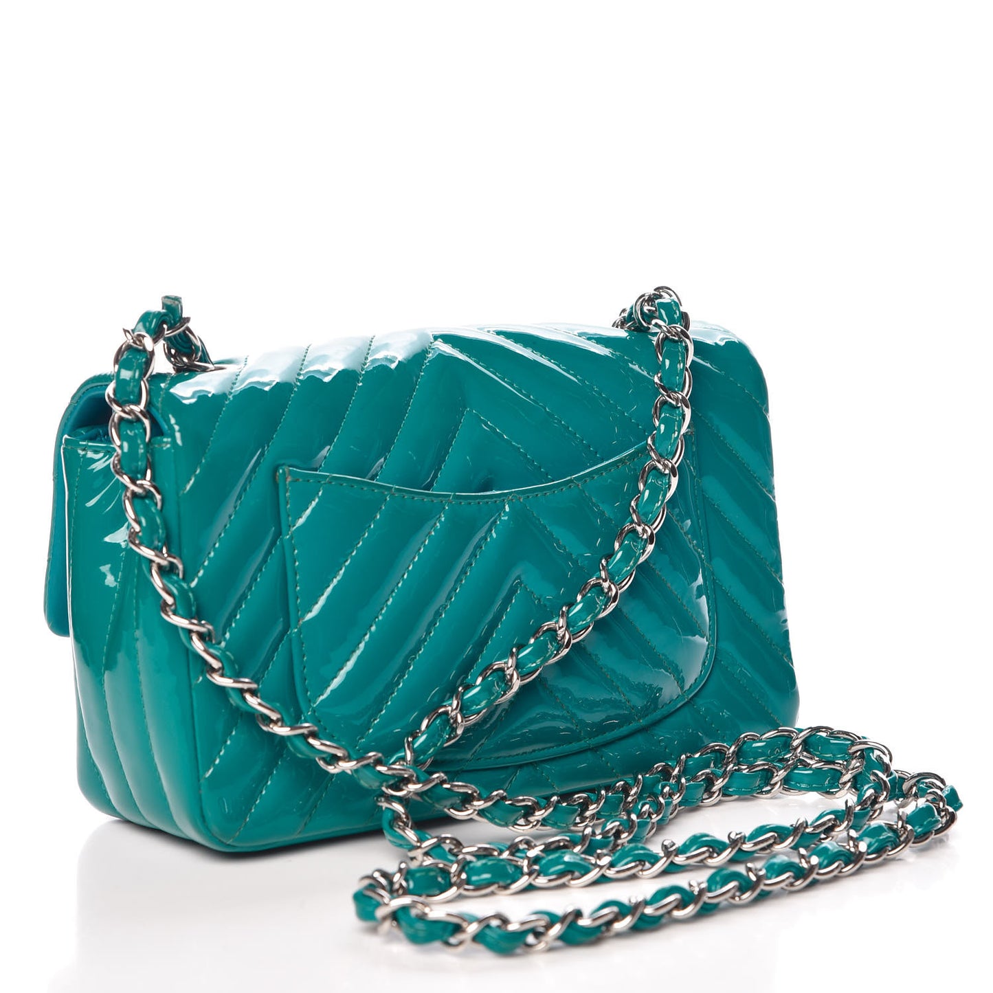 Patent Calfskin Chevron Quilted Mini Rectangular Flap Blue