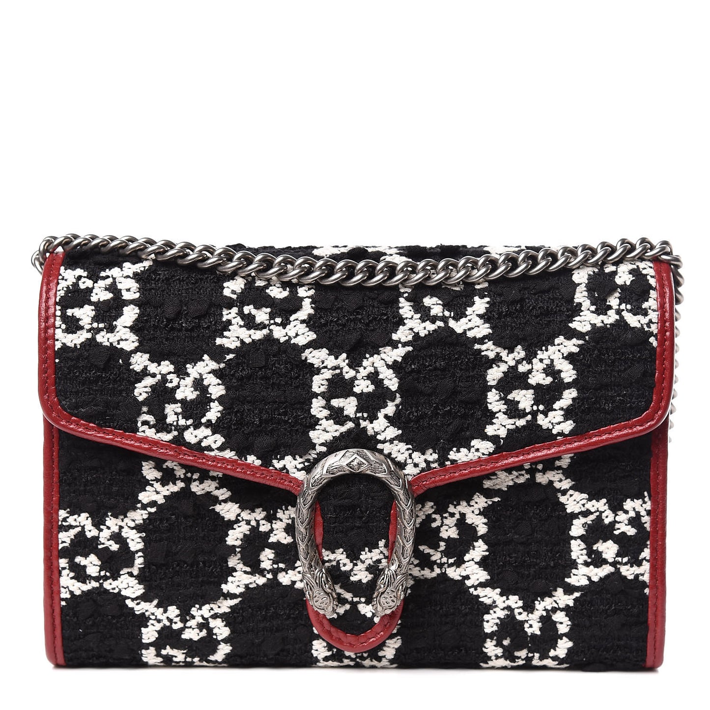 Tweed GG Monogram Mini Dionysus Chain Wallet Black White Romantic Cherry