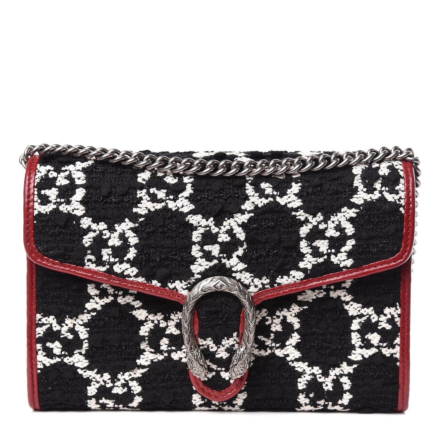 Gucci Tweed GG Monogram Mini Dionysus Chain Wallet Black White Romantic Cherry 1 of 11