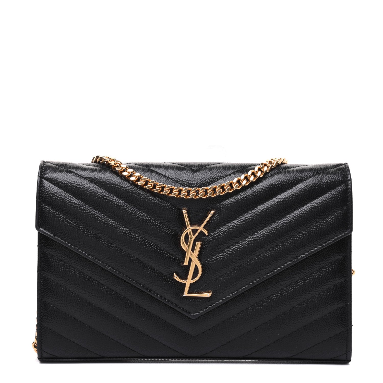 Saint Laurent Grain De Poudre Matelasse Chevron Monogram Chain Wallet Black 1 of 19
