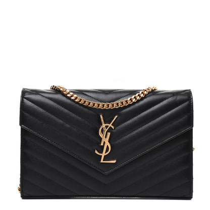 Saint Laurent Grain De Poudre Matelasse Chevron Monogram Chain Wallet Black 1 of 19