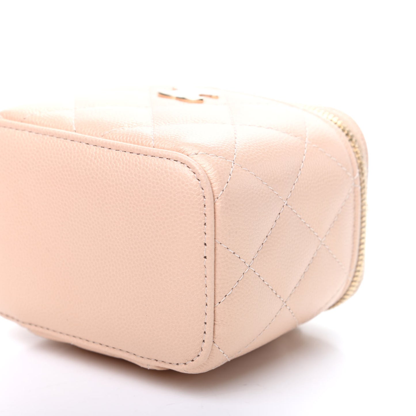 Iridescent Caviar Quilted Mini Pearl On Top Vanity Case With Chain Beige