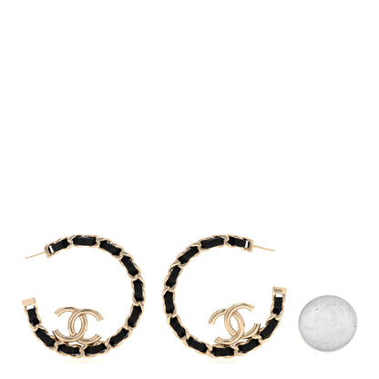 Chanel Metal Lambskin Quilted CC Chain Hoop Earrings Gold Black 2 of 6
