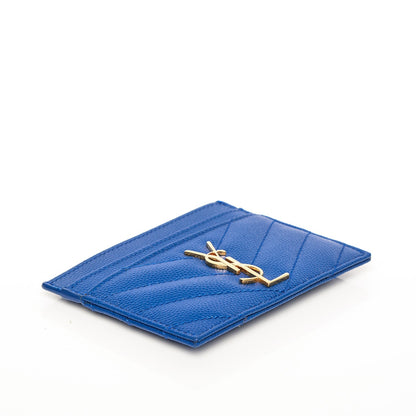 Saint Laurent Grain De Poudre Matelasse Chevron Monogram Credit Card Case Blue Majorelle 4 of 7
