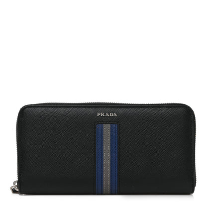Prada Saffiano Stripe Zip Around Wallet Black Blue 1 of 7