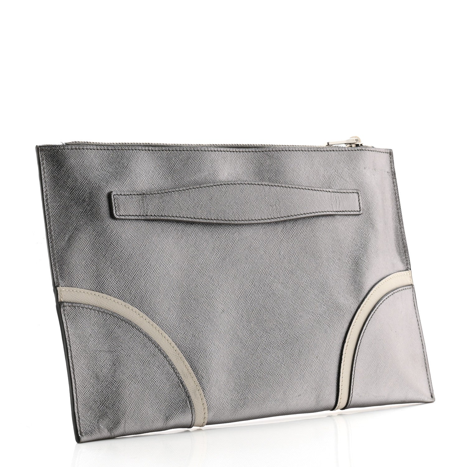 Prada Metallic Saffiano Hand Strap Clutch Silver 3 of 10