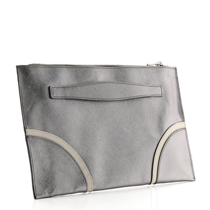 Prada Metallic Saffiano Hand Strap Clutch Silver 3 of 10