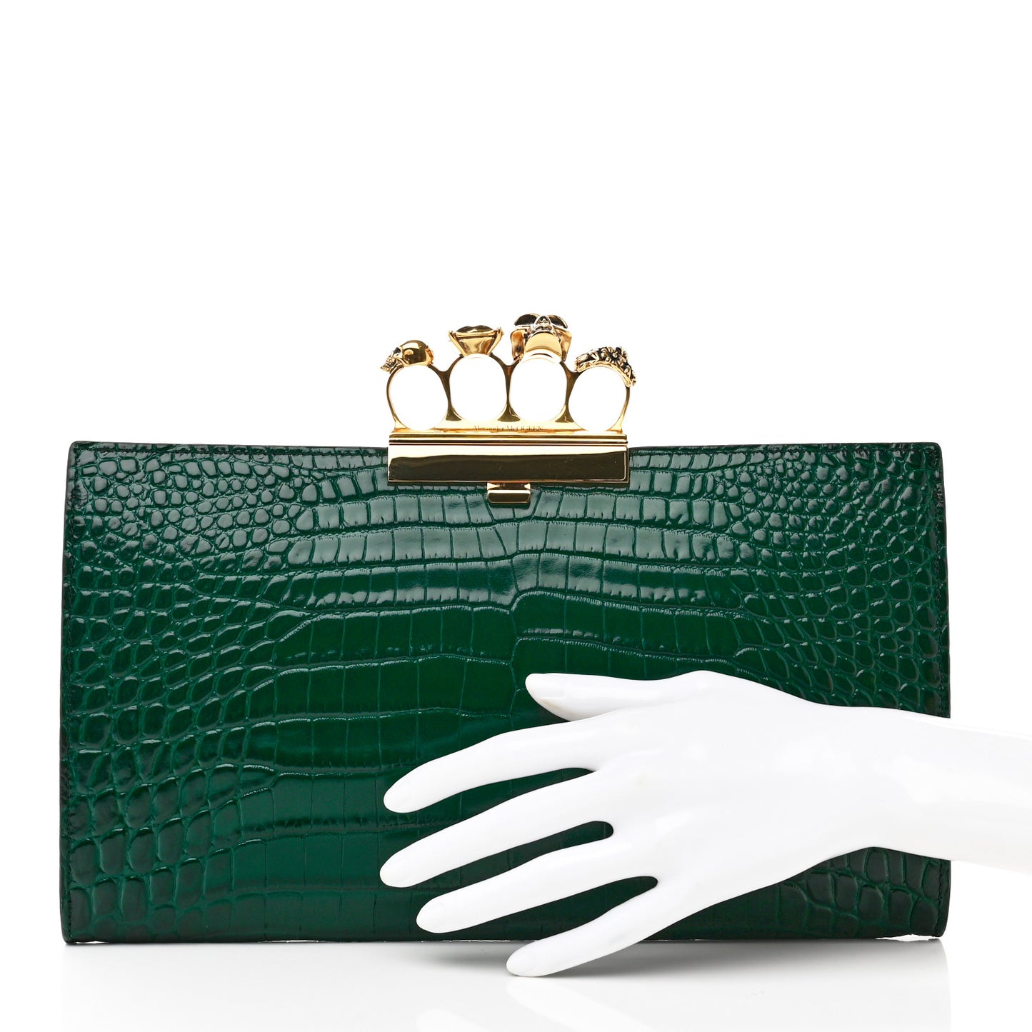 Calfskin Crocodile Embossed Knuckle Flat Clutch Emerald