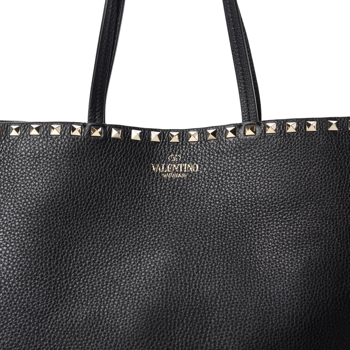 Grained Calfskin Rockstud Shoulder Tote Black