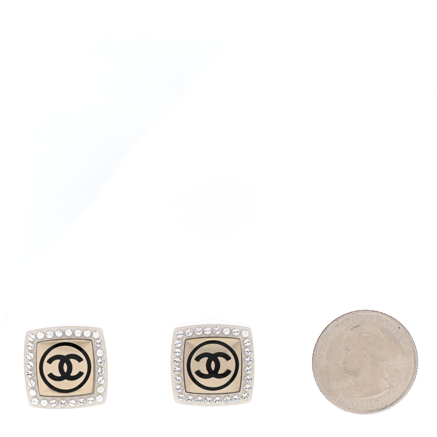 Chanel Metal Resin Crystal CC Square Earrings Gold White Black 2 of 5
