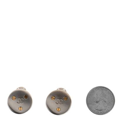 Chanel Metal CC Screw Round Clip On Earrings Silver Gold 2 of 4