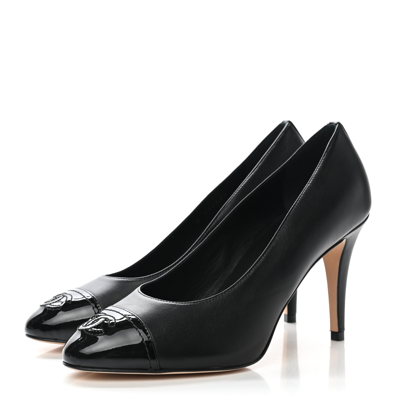 Chanel Lambskin Calfskin Patent Cap Toe CC Pumps 37 Black 3 of 10