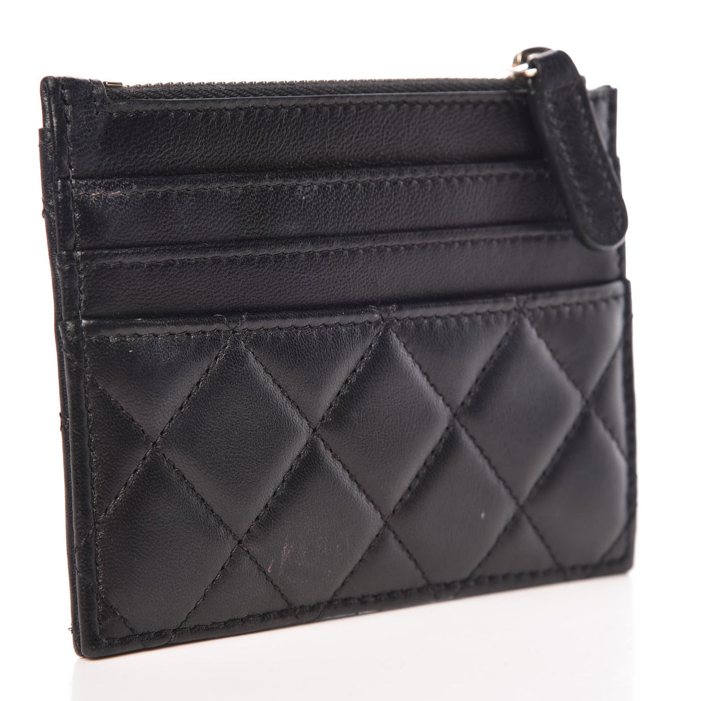 Lambskin Quilted Zip Card Holder Black
