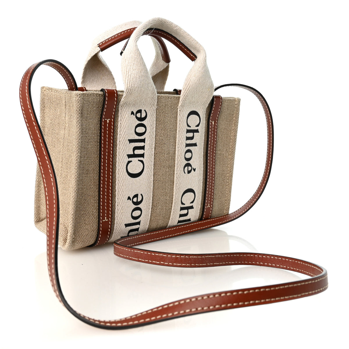 Cotton Calfskin Mini Woody Ribbon Tote White Brown White Brown