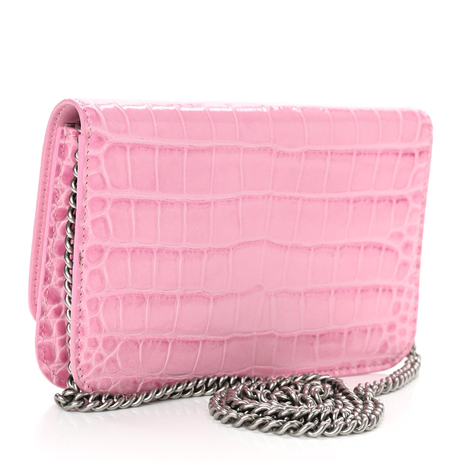 Balenciaga Patent Crocodile Embossed B Wallet On Chain Pink 3 of 10
