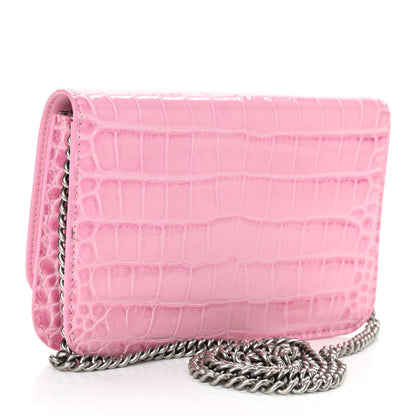 Balenciaga Patent Crocodile Embossed B Wallet On Chain Pink 3 of 10