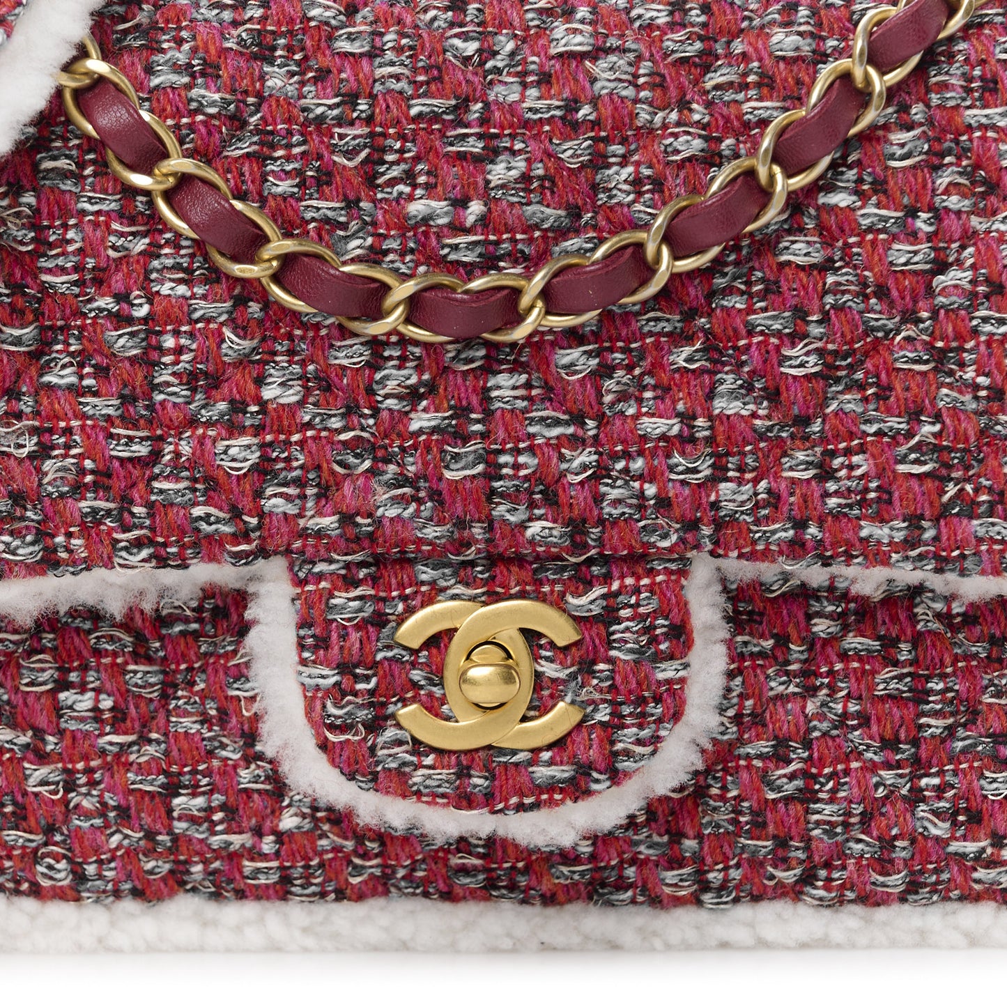 Tweed Shearling Quilted Large CC Flap Bag Red