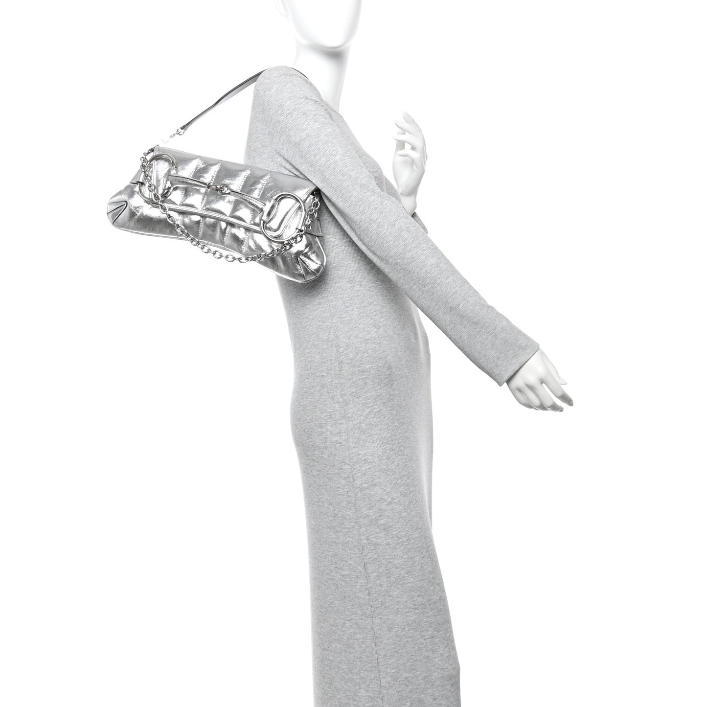 Iridescent Nappa Vertical Matelasse Medium Maxi Horsebit Chain Shoulder Bag Silver
