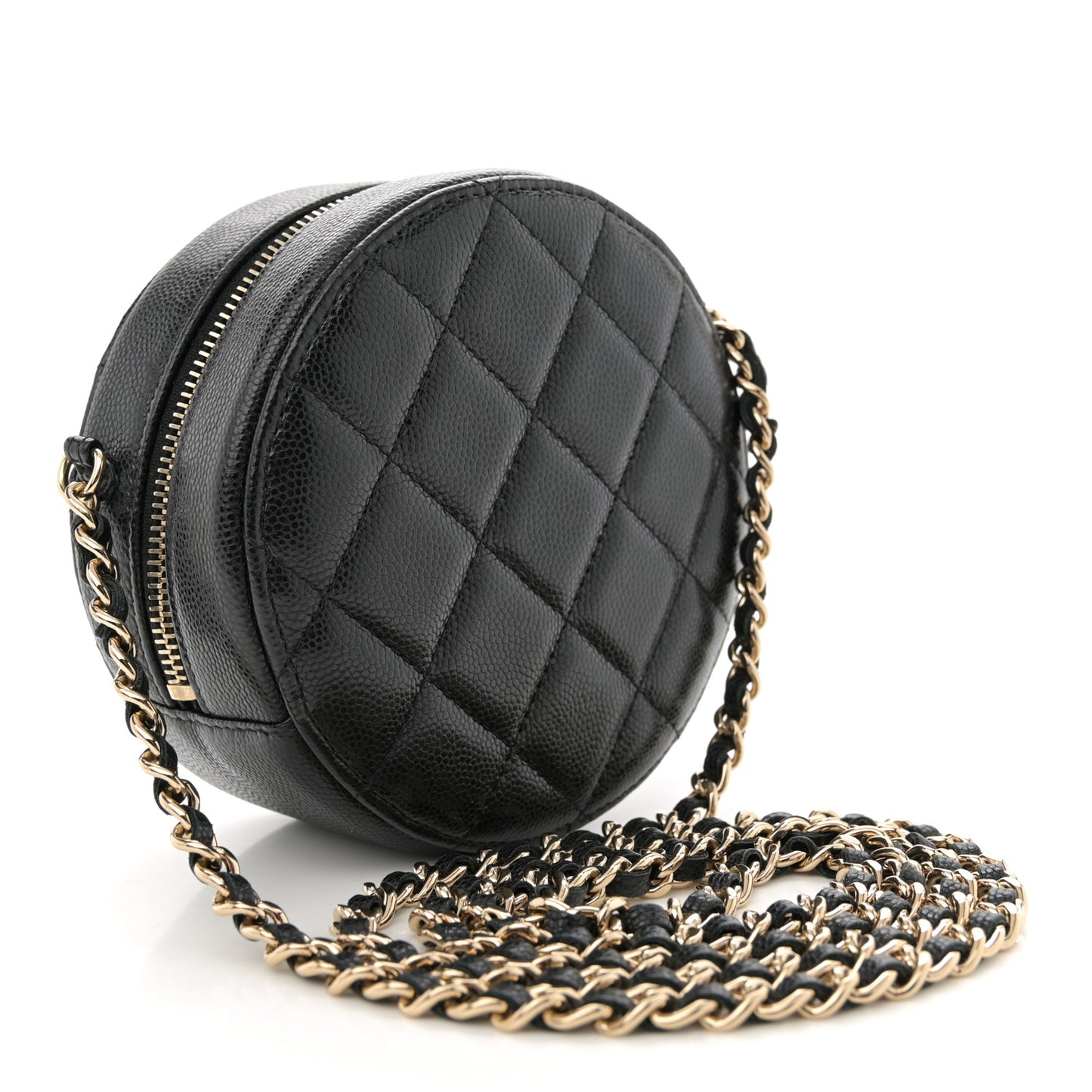 Caviar Quilted Round Clutch With Chain Black