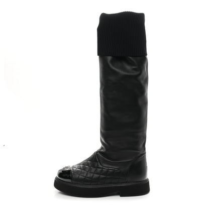 Chanel Lambskin Calfskin Quilted Knit Womens High Boots 39.5 Black 1 of 10