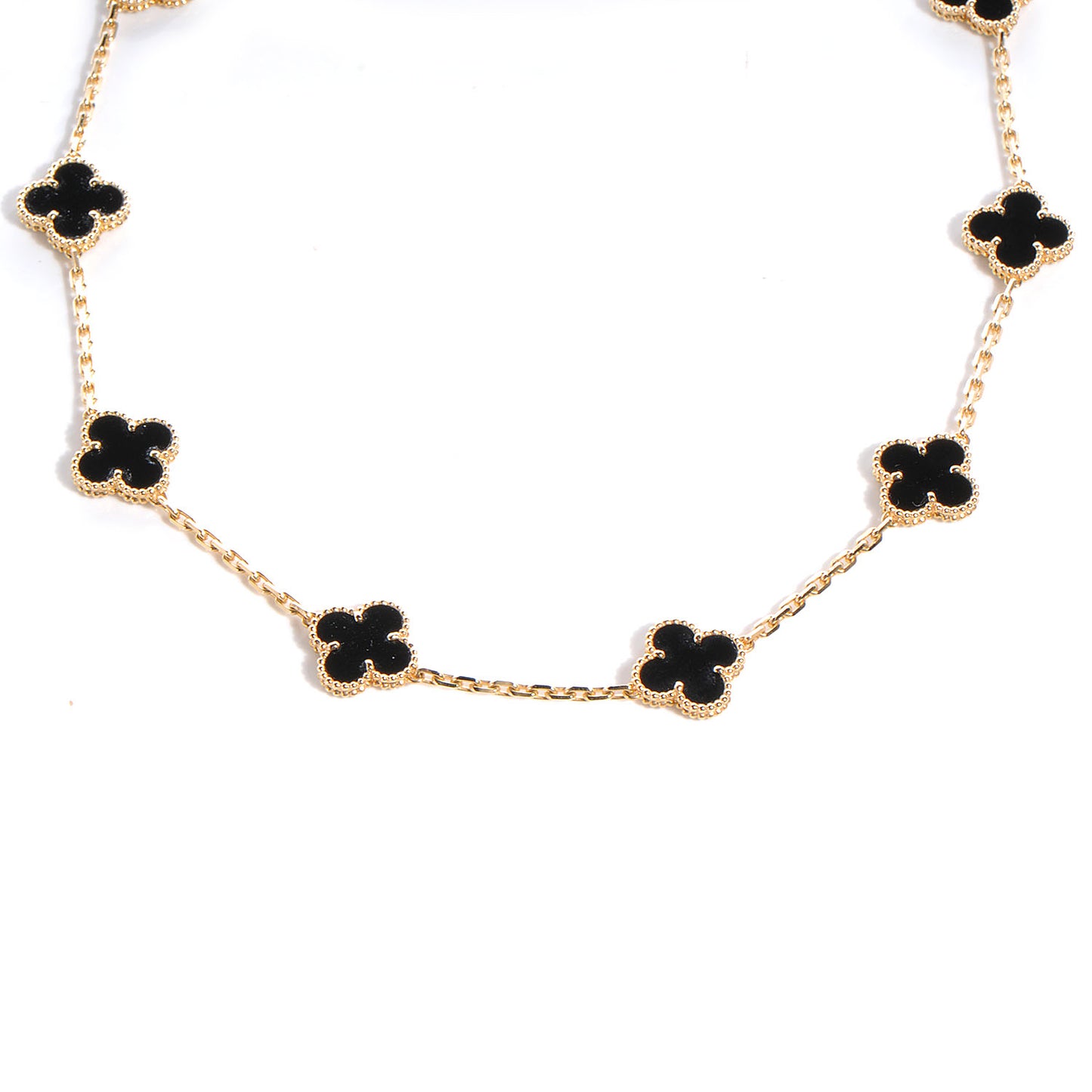 18K Yellow Gold Black Onyx 10 Motifs Vintage Alhambra Necklace