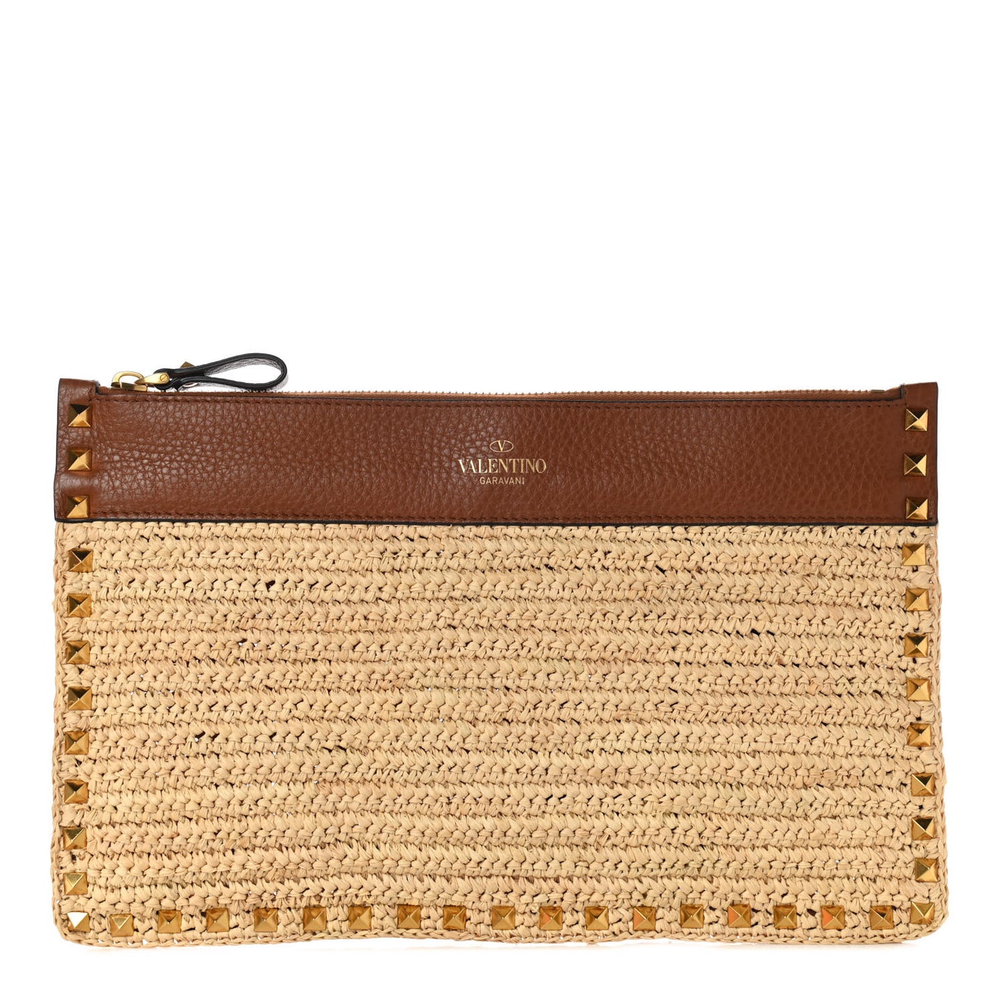 Raffia Calfskin Large Rockstud Zip Pouch Naturale Saddle Brown