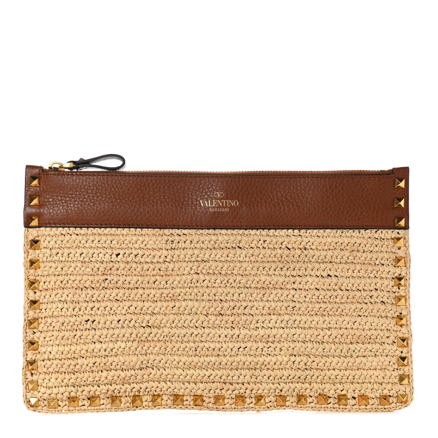 Valentino Garavani Raffia Calfskin Large Rockstud Zip Pouch Naturale Saddle Brown 1 of 6