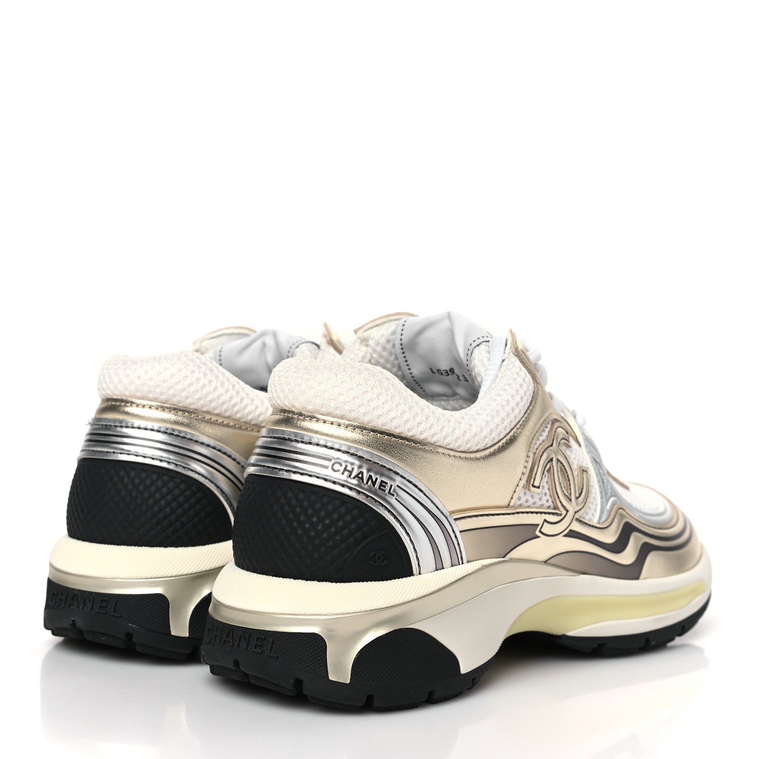 Chanel Fabric Laminated Calfskin Stretch CC Sneakers 38 White Gold Silver 4 of 9