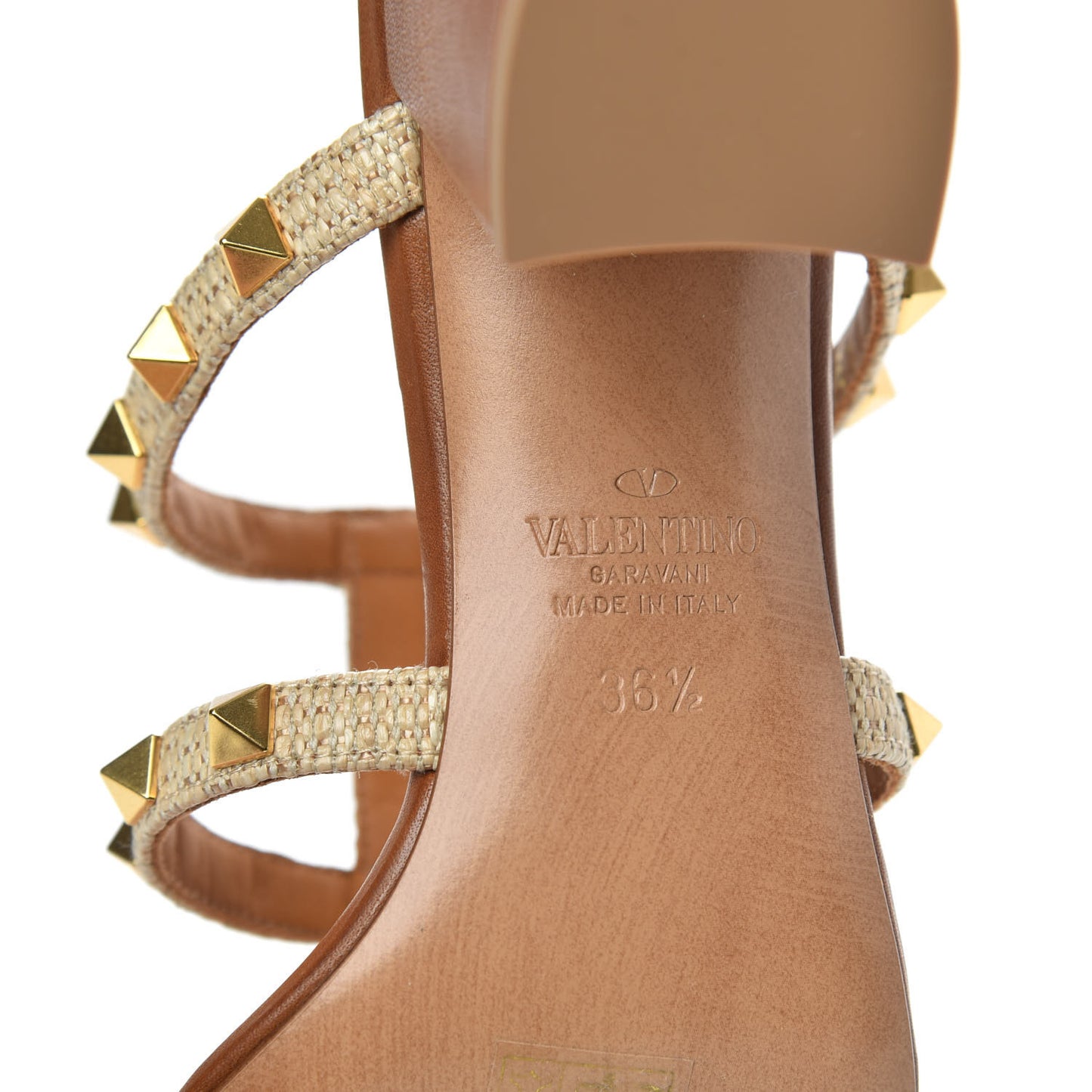 Raffia Calfskin Rockstud 60mm Caged Slide Sandals 36.5 Naturale