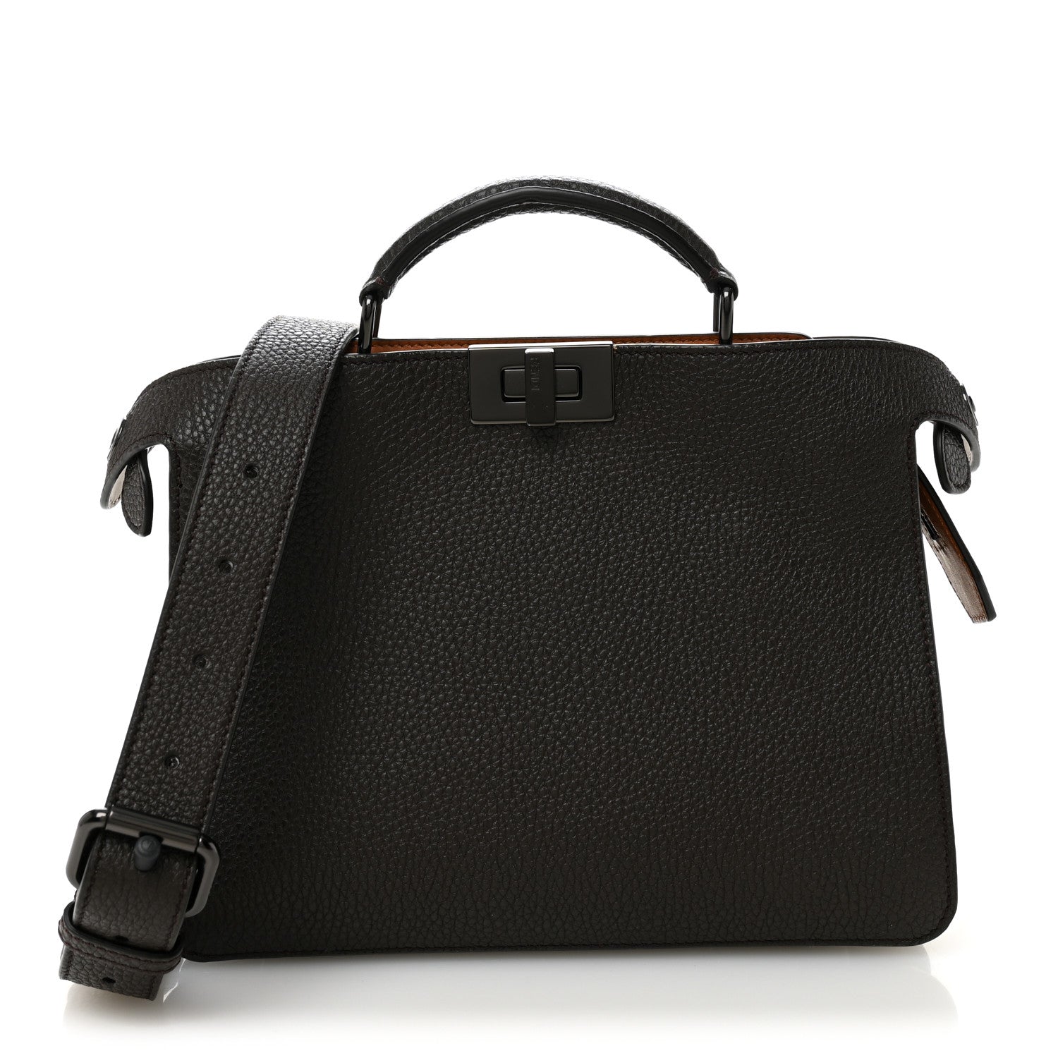 Fendi Cuoio Romano Vitello Cover Glazed Fabric Bi-Color FF 1974 Mini Peekaboo I SEE U Satchel Brown 1 of 10