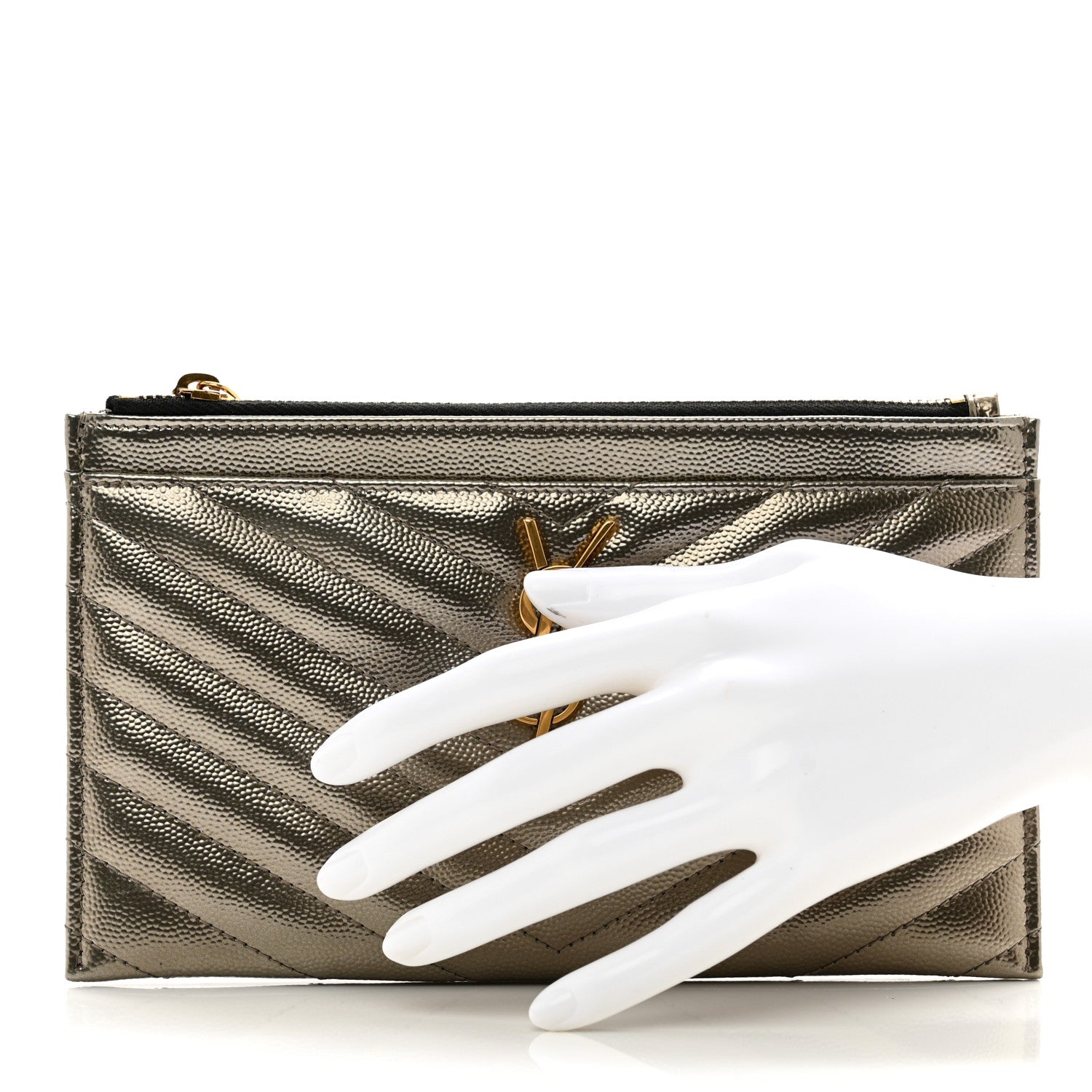 Saint Laurent Metallic Grain De Poudre Matelasse Chevron Monogram Bill Pouch Piombo 2 of 7