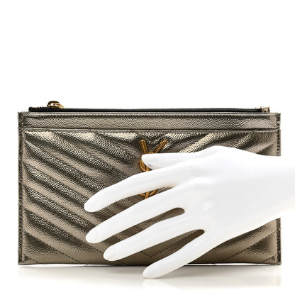 Saint Laurent Metallic Grain De Poudre Matelasse Chevron Monogram Bill Pouch Piombo 2 of 7