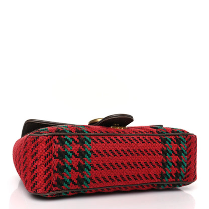 Gucci Wool Tweed Textured Dollar Calfskin Matelasse Diagonal Plaid Small GG Marmont Shoulder Bag Red Green Multicolor New Acero 4 of 9
