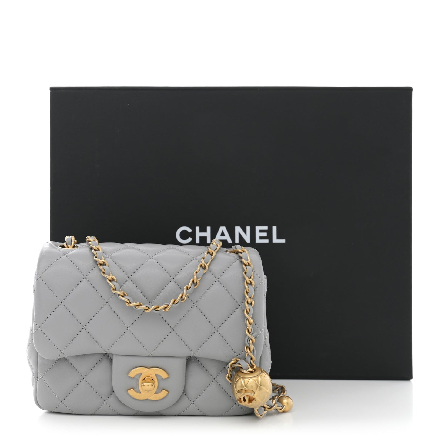 Lambskin Quilted Mini Pearl Crush Flap Light Grey