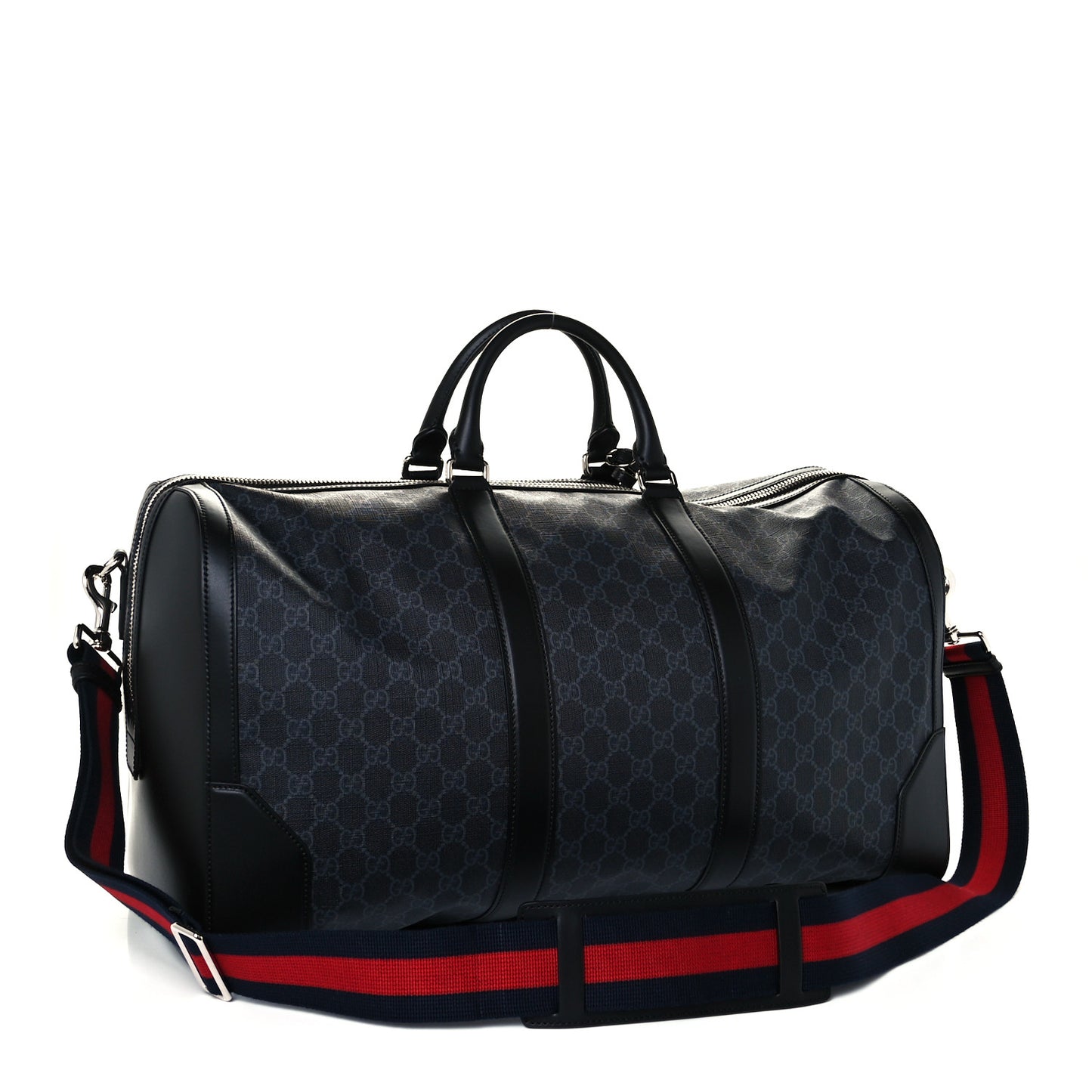 Soft GG Supreme Monogram Appia Calfskin Web Large Carry On Duffle Bag Black Grey