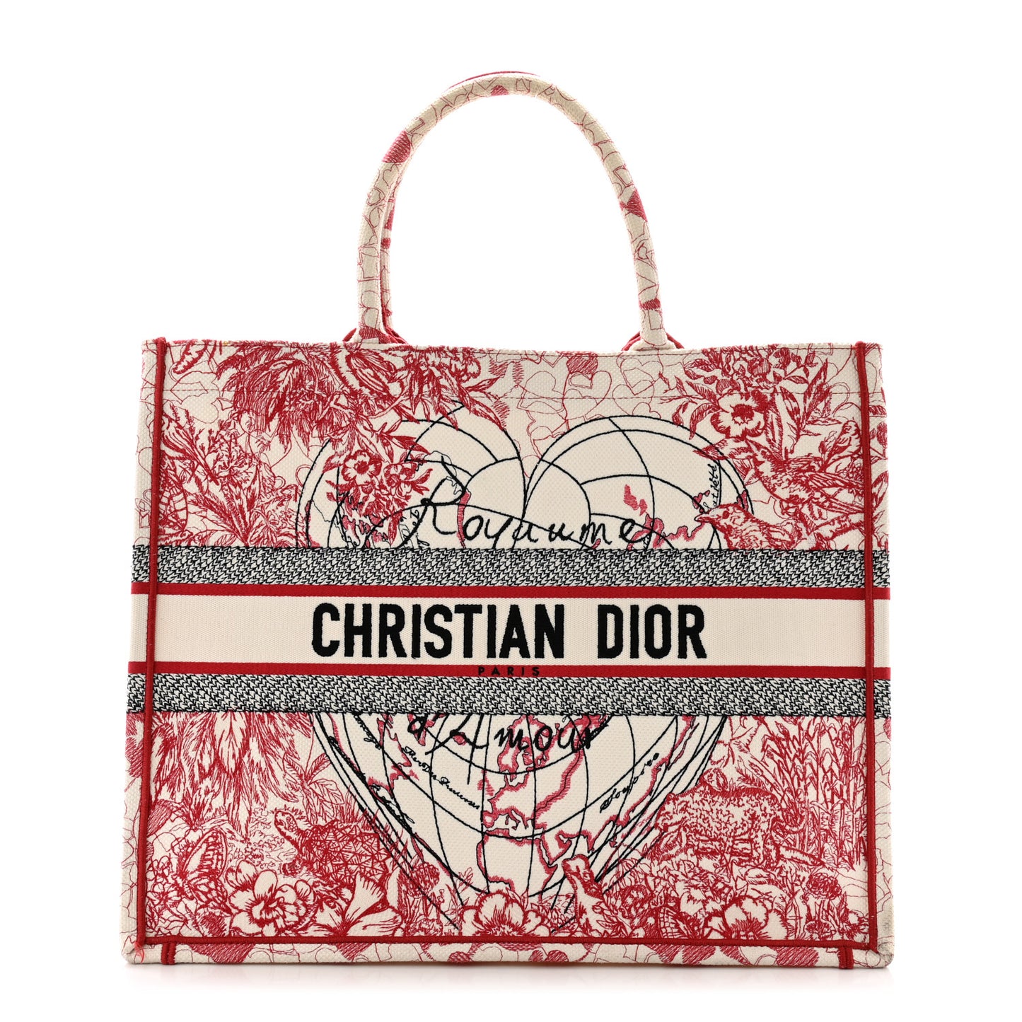 Canvas Embroidered Large Dioramour D-Royaume Book Tote Red Multicolor