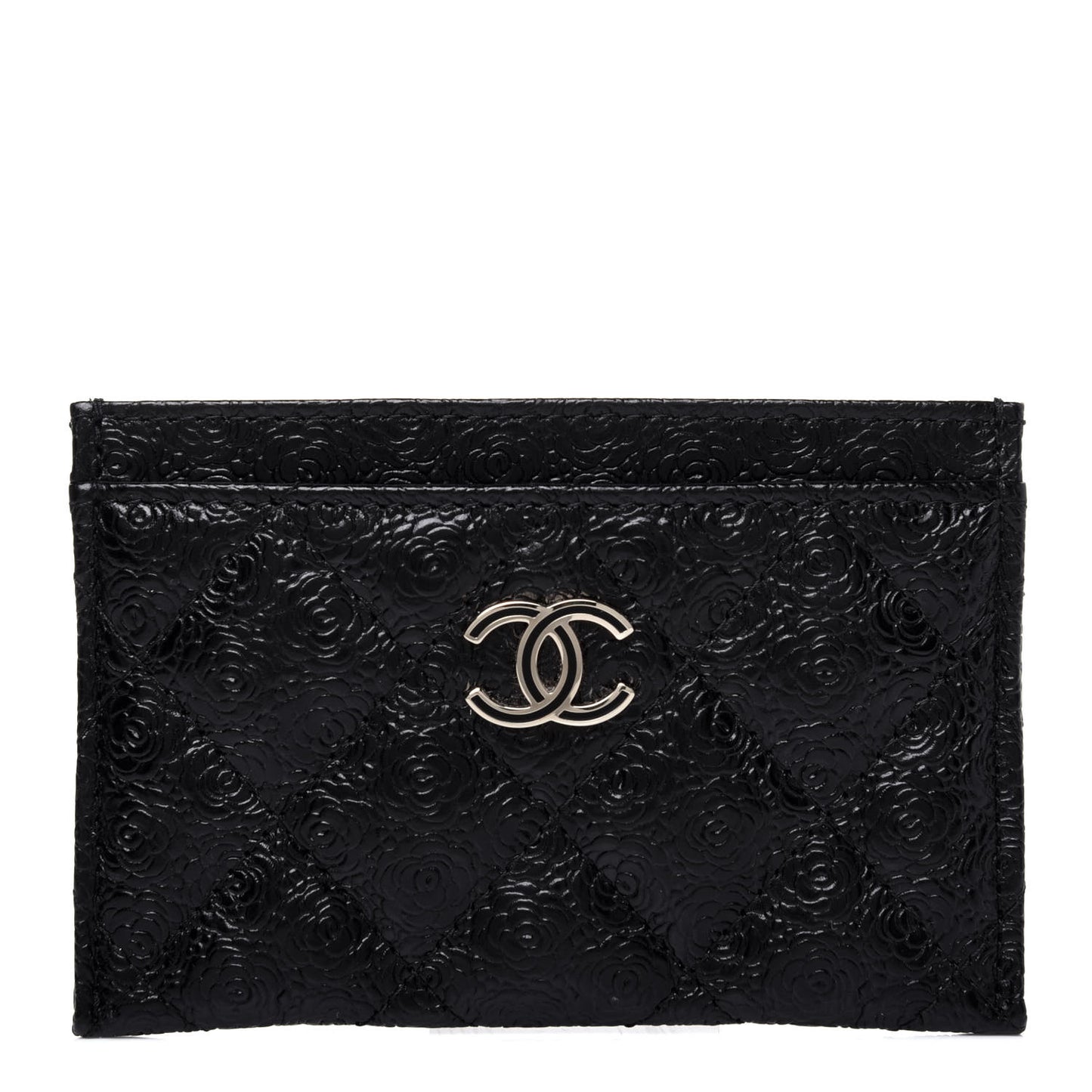 Calfskin Camellia Embossed Quilted Card Holder Black